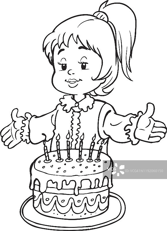 小女孩用蛋糕庆祝生日，矢量图片素材