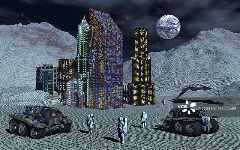 艺术家在月球表面建立的未来主义殖民地的概念。图片素材