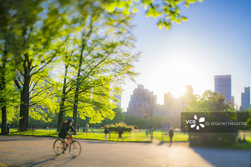 2019年5月11日，在美国纽约，中央公园的夕阳照亮了周围的建筑和树木。图片素材