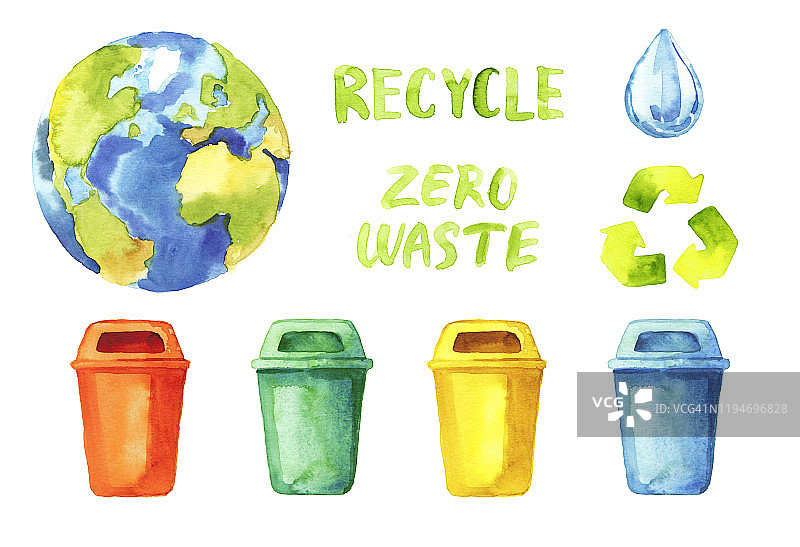 水彩手绘生态回收废物图标和字母设置孤立在白色背景-垃圾桶，水滴，地球星球图片素材