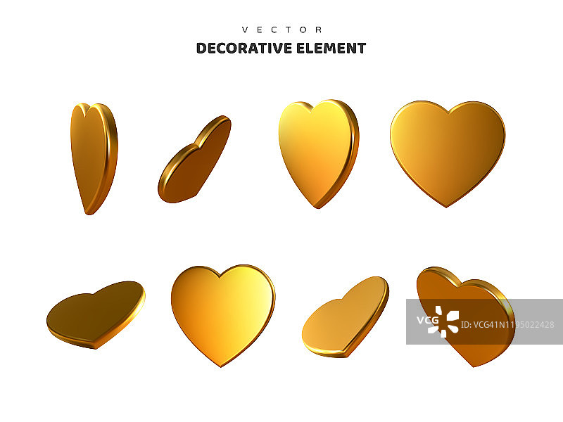 3d黄金金属心。装饰元素为情人节，节日设计。孤立在白色背景上。矢量插图。图片素材