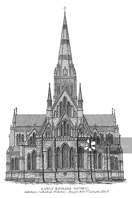古老的建筑雕刻插图-索尔兹伯里大教堂威尔特郡，流行百科全书出版1894年图片素材