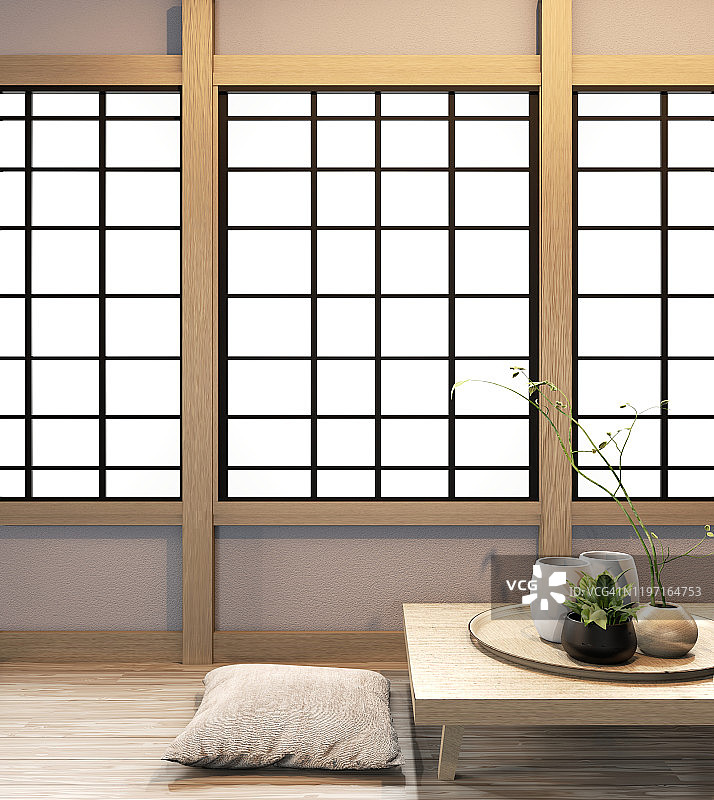 日式客厅墙壁上有日式风格的木纹装饰。三维渲染图片素材