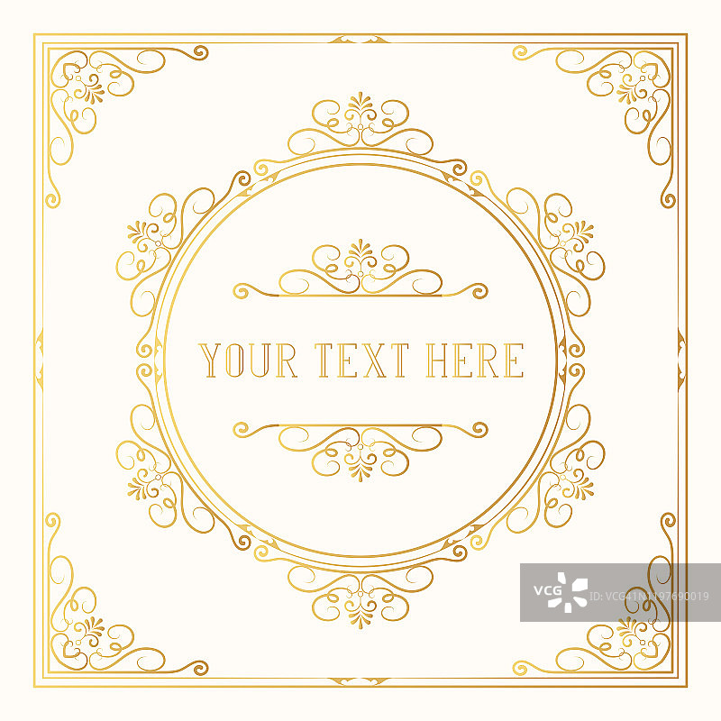 维多利亚方形的金色框架与皇家边界和角。手绘经典婚礼请帖模板。向量孤立黄金优雅华丽的设计。图片素材