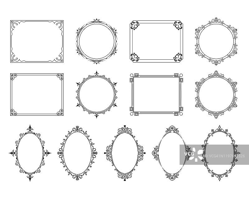 皇家典雅的方形，圆形和椭圆形框架。矢量隔离维多利亚边境婚礼邀请。图片素材