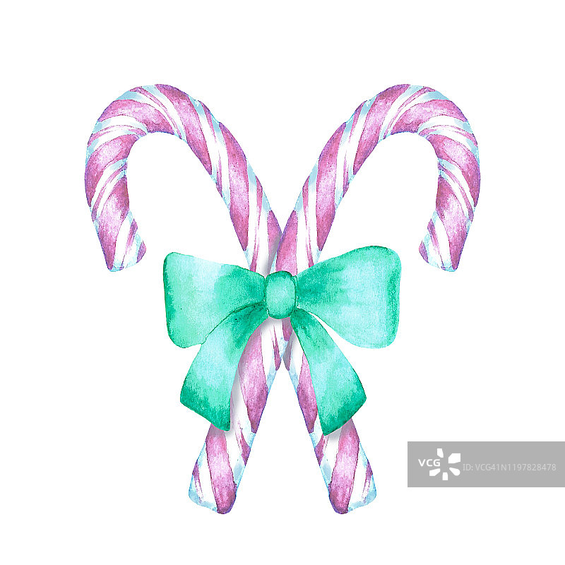 两根粉色圣诞水彩拐杖糖，带薄荷蝴蝶结。图片素材