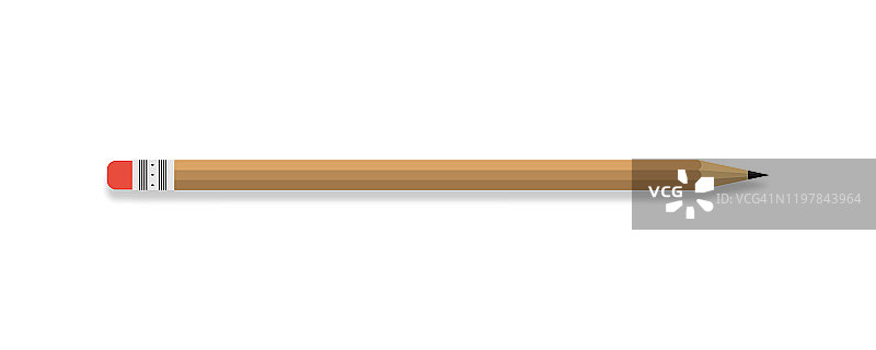 铅笔矢量图标。铅笔与红色橡胶，孤立在白色背景。木制铅笔和橡皮擦在现代简单的平面设计。全景视图。向量图片素材