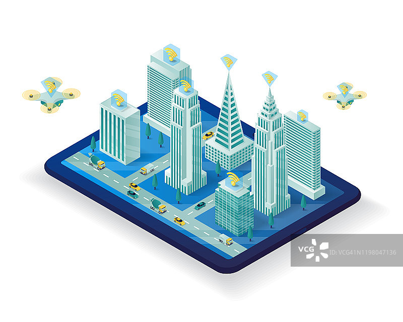 智慧城市等距插图设计。由智能手机和小工具控制的智能城市图片素材