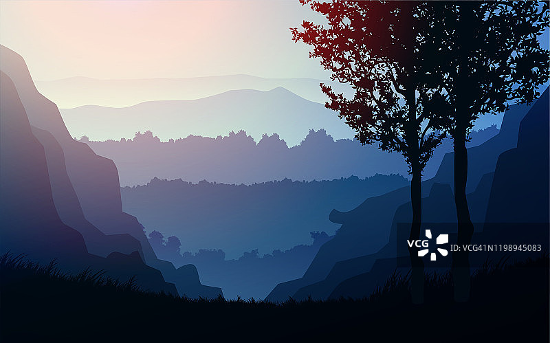 自然森林树木山地平线丘陵树木和山丘在傍晚日出和日落的剪影风景壁纸插图矢量风格彩色的视图背景图片素材