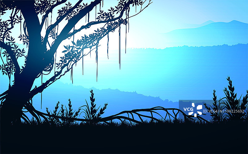 自然森林树木山地平线丘陵树木和山丘在傍晚日出和日落的剪影风景壁纸插图矢量风格彩色的视图背景图片素材