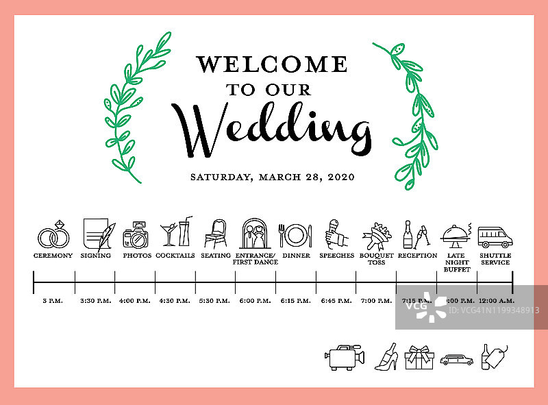 婚礼行程事件时间表海报与婚礼图标图片素材