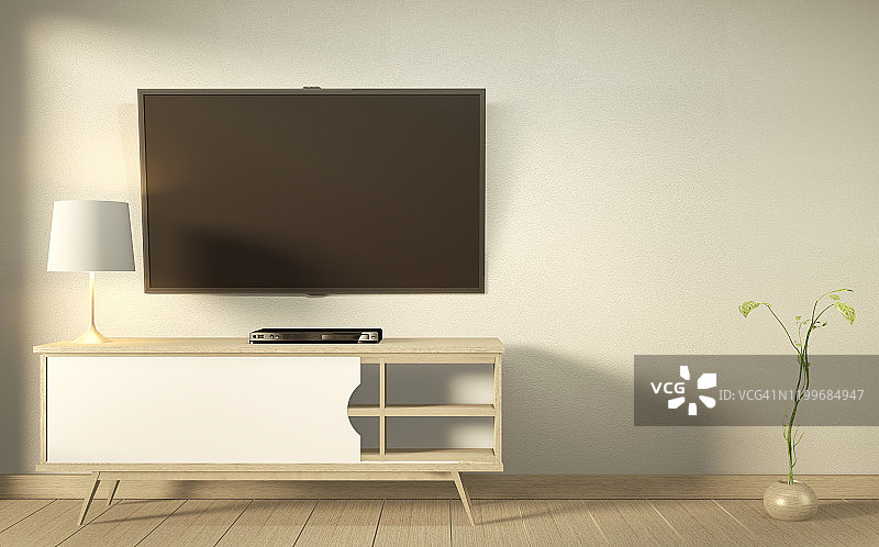 电视柜在现代空室日式禅宗风格，极简设计。三维渲染图片素材