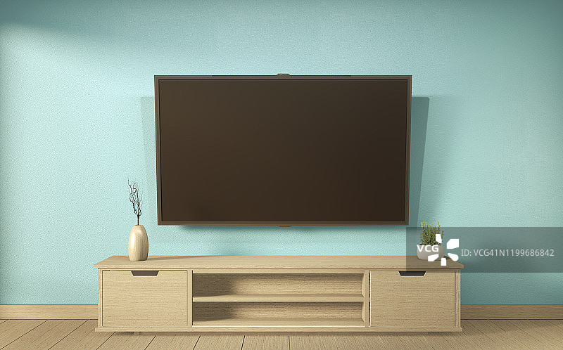 电视架在薄荷房现代热带风格-空房间内部-最小的设计。三维渲染图片素材