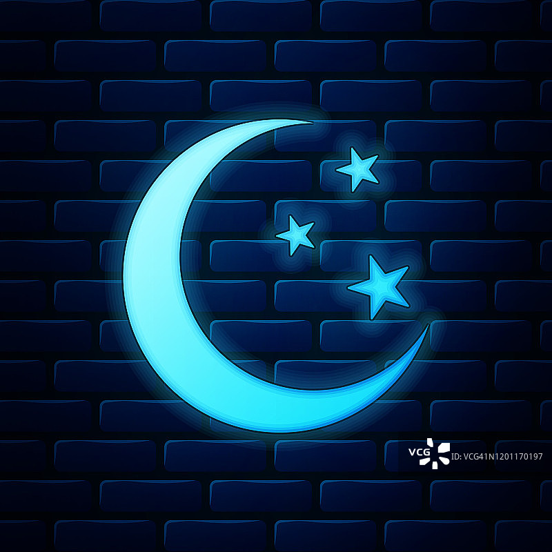 发光的霓虹灯月亮和星星的图标孤立在砖墙的背景。矢量图图片素材