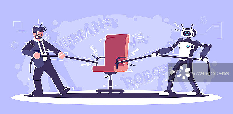 人类vs机器人工人平面矢量插图。人形和经理拉绳办公椅。机器人和人类在争夺空缺，空缺职位。机器人革命图片素材