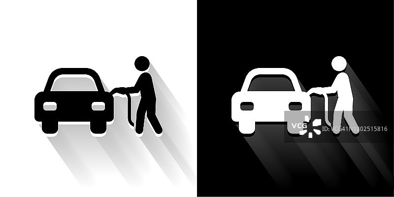 汽车在加油站黑色和白色图标与长影子图片素材