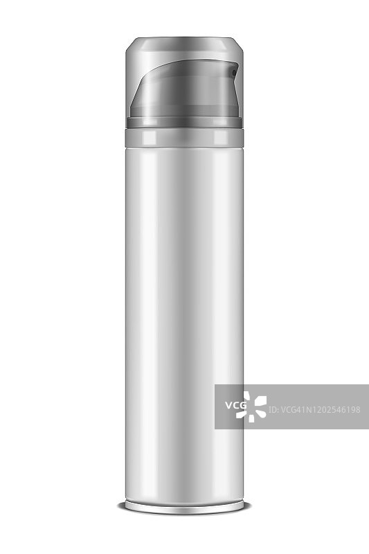 喷雾或泵分配器金属瓶与清楚透明的盖子，现实的矢量模型。白色空白化妆品锡罐，用于除臭剂或剃须泡沫，模板图片素材