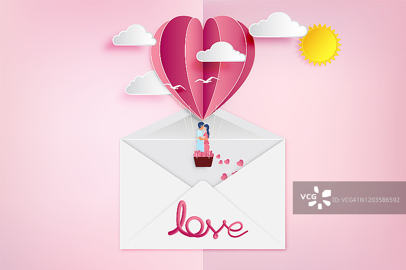 情人节气球心以粉红色为背景，用文字写着爱情和年轻的喜悦，彩云、阳光、纸切成粉红色的心。图片素材