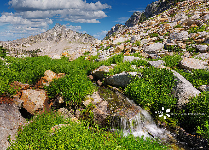 夏日午后，小瀑布从锯齿荒野的Trail Creek湖流出图片素材