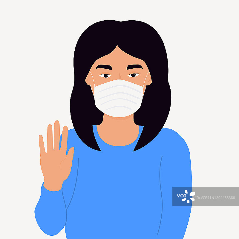 冠状病毒。小说2019 - ncov病毒。一名妇女戴着白色医用口罩，示意停止。隔离观念，预防感染图片素材
