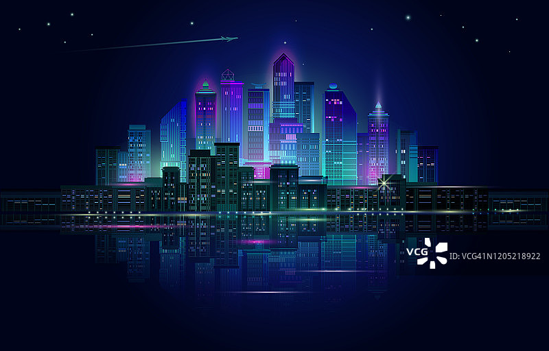 夜间城市全景与霓虹灯在蓝色背景。向量。图片素材