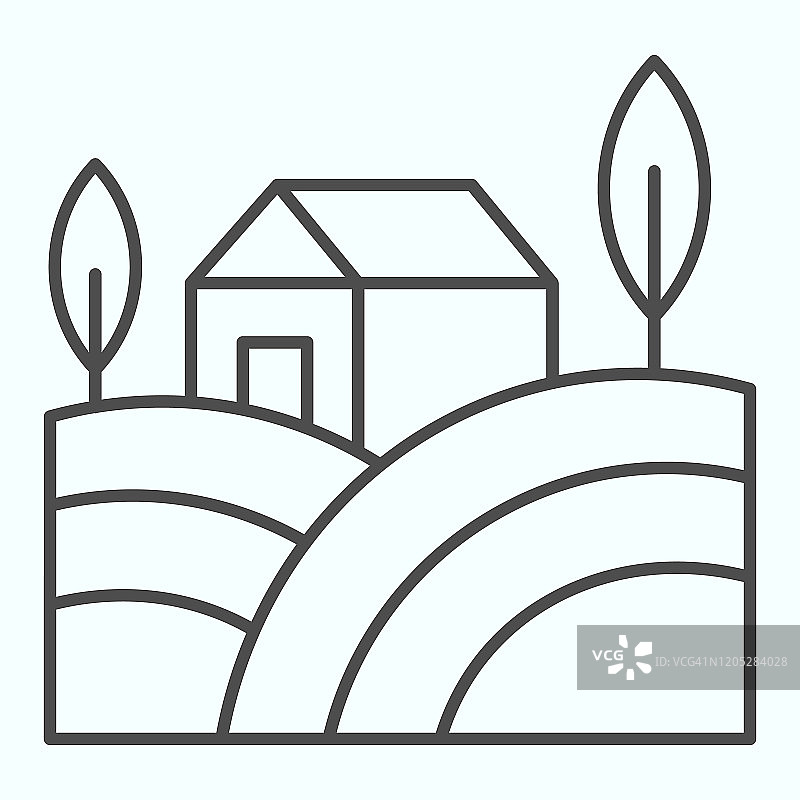 村落景观细线图标。在乡下有田地和树木的房子。秋天的自然矢量设计概念，轮廓风格的象形图上的白色背景，用于web和应用程序。图片素材