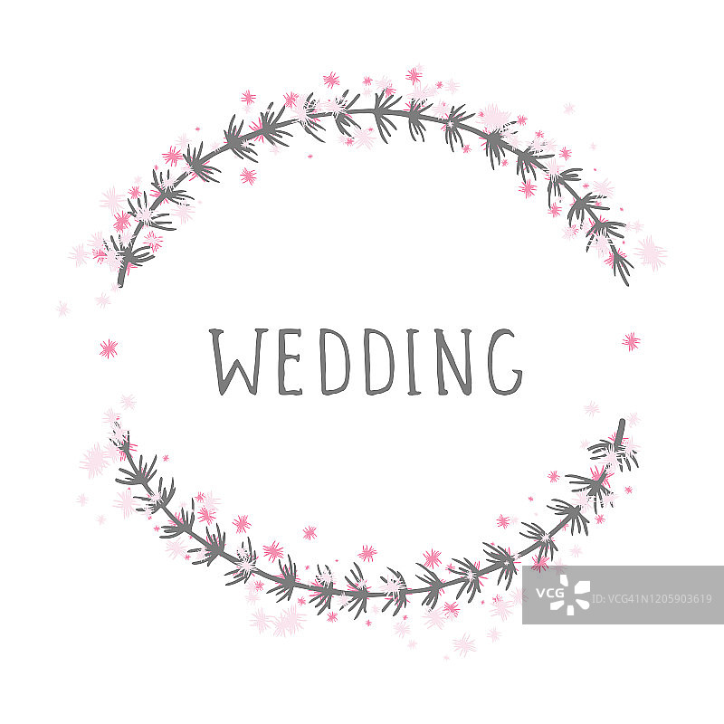 矢量手绘插图的文本婚礼和花卉圆形框架。图片素材