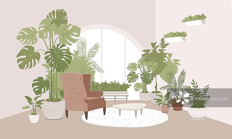 浅米色的房间，在地板和墙壁上装饰着盆栽植物。图片素材