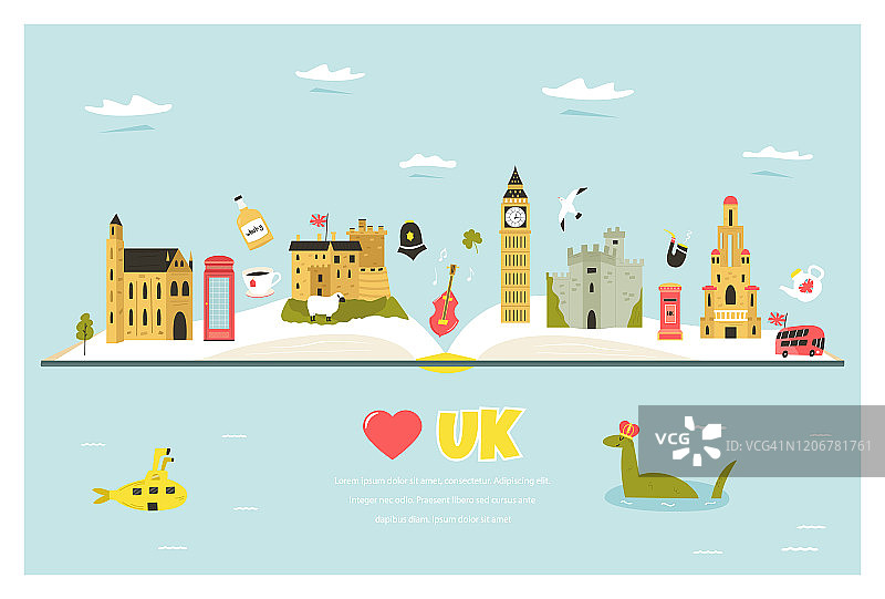 旅游海报与著名的目的地和地标的英国伦敦，曼彻斯特，爱丁堡，伦敦。探索英国抽象设计。用于横幅，旅游指南，印刷品图片素材