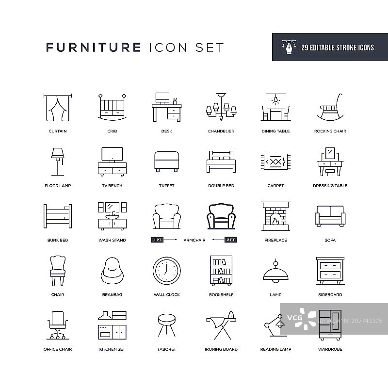 家具可编辑的描边线图标图片素材