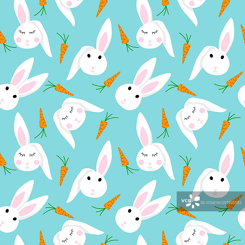 图案设计可爱的兔子，兔子的脸和甜胡萝卜的背景图片素材