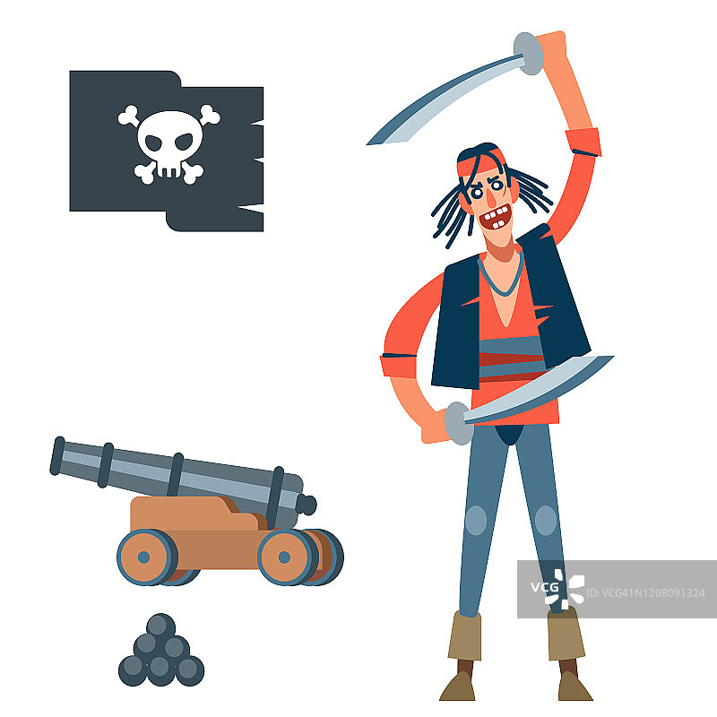 一个穿着红色衬衫，瘦削结实，斗志昂奋的海盗。矢量插图的平面卡通在白色的背景。图片素材