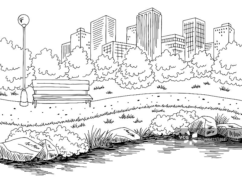 公园河图形黑白城市景观素描插图矢量图片素材