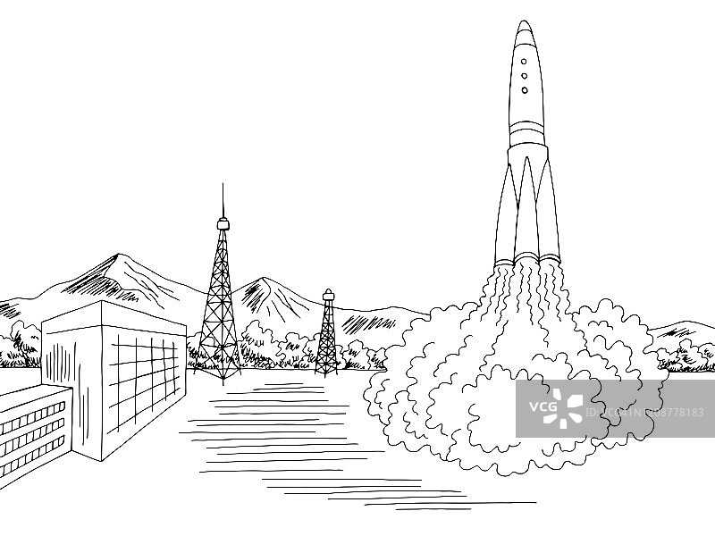 航天发射场发射火箭外部图形黑白草图插图矢量图片素材