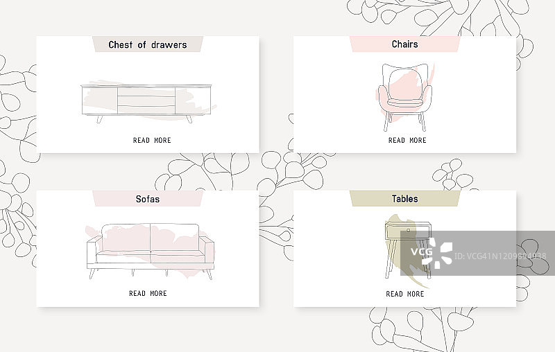 优雅的现代家具和家庭室内装饰海报。矢量插图。图片素材