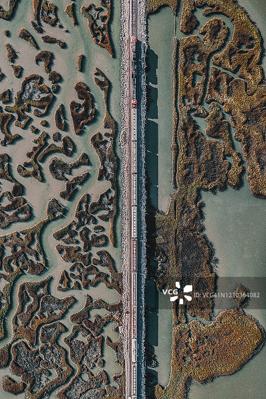 一列货运火车从上往下穿过美国德克萨斯州的沼泽地图片素材