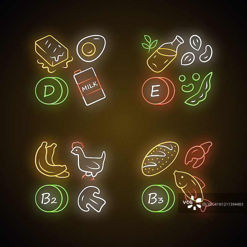 维生素霓虹灯图标集。维生素D、E、B2、B3天然食物来源。乳制品、坚果。适当的营养。健康食品。矿物质、抗氧化剂。发光的迹象。向量孤立的插图图片素材