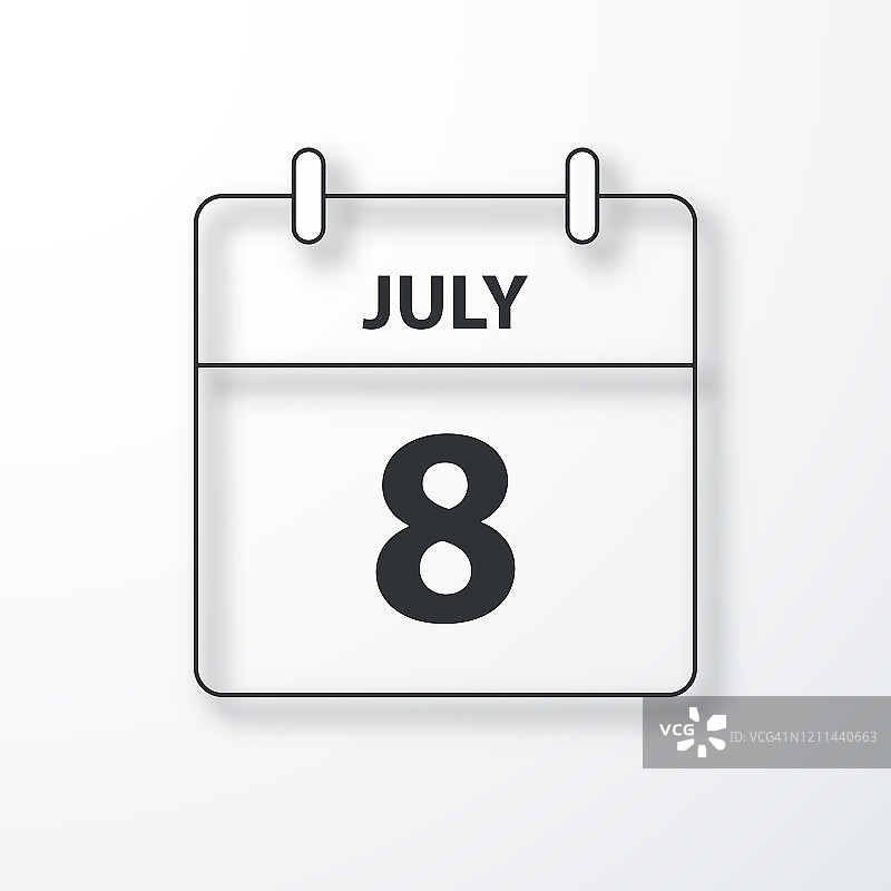 7月8日-每日日历-黑色轮廓与阴影在白色的背景图片素材