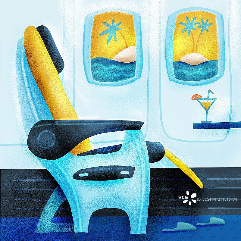 飞机商务舱的乘客座位。把鸡尾酒放在椅子上。热带度假。夏天旅行的概念。纹理平面卡通插图。图片素材