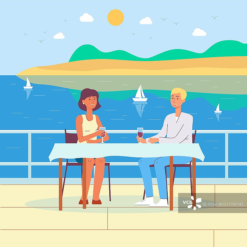 夏季海上度假背景与浪漫夫妇平面矢量插图。图片素材