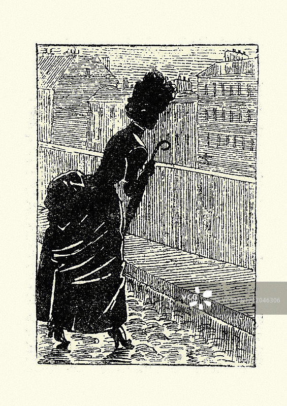 一个女人独自走在黑暗的街道上，维多利亚时代，19世纪图片素材