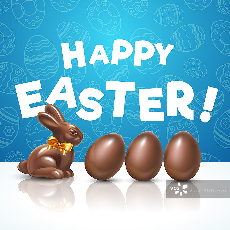 复活节巧克力彩蛋配巧克力可爱的小兔子。复活节寻找儿童的传单或海报。有趣的节日春季装饰，蓝色背景，无缝图案。复活节快乐图片素材