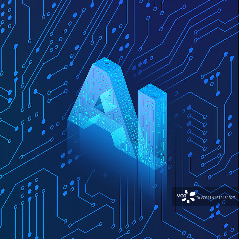 AI全息图的电路背景。等距人工智能概念。蓝色的技术背景。机器学习。向量图片素材