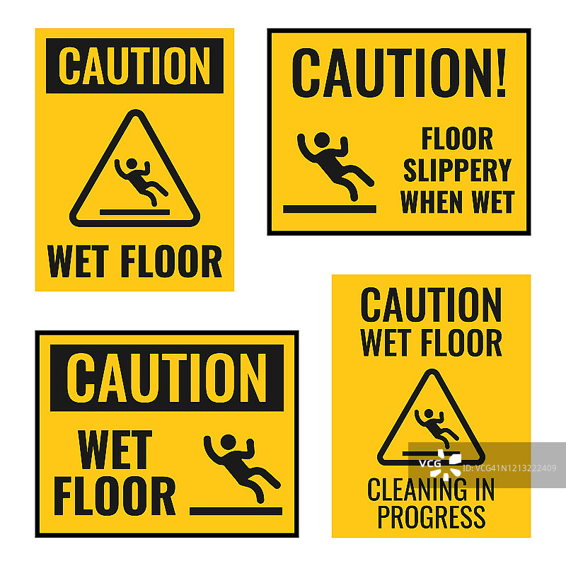 地板潮湿危险警告标志设置，地板滑警告告示图片素材