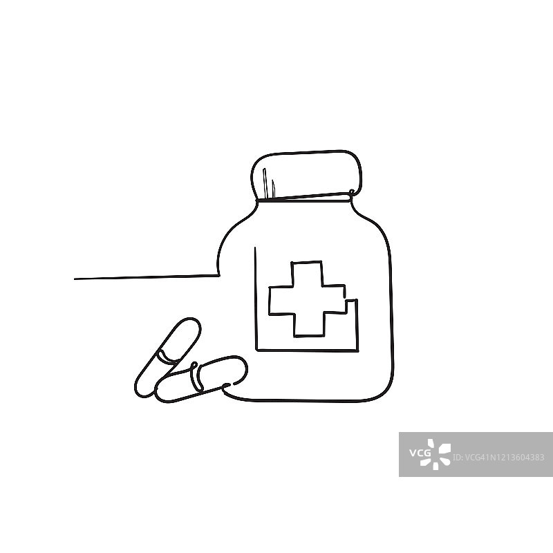 手绘药瓶和药丸。黑白图标。矢量插图涂鸦图片素材