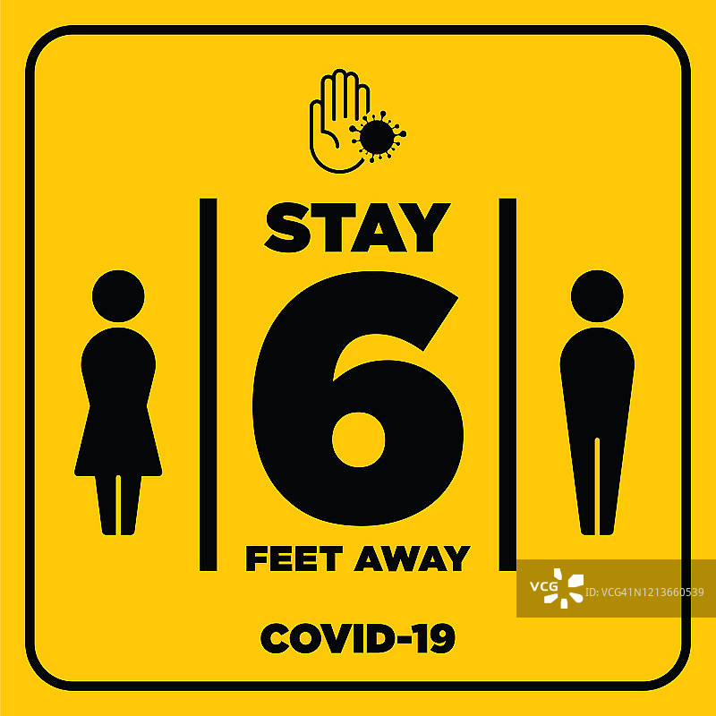 社交距离警告信号。黄色警告标志，关于冠状病毒或covid-19病媒插图图片素材