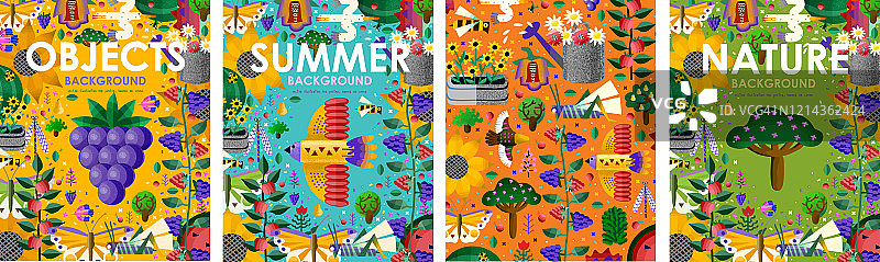 夏天的时间!海报以明亮的背景和物体与夏天的花朵，多汁的水果，抽象的鸟类，蝴蝶，园艺和自然。矢量插图的旗帜，卡片，海报或明信片图片素材