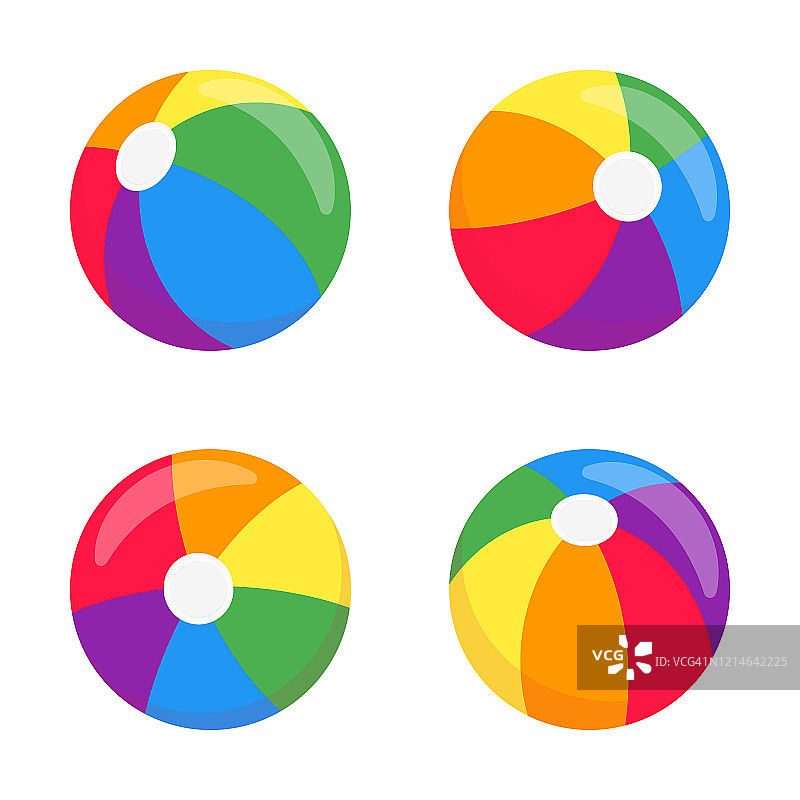 沙滩球平面风格设计矢量插图集图标标志孤立在白色的背景。复古风格的玩具夏季游戏或假日球在各种位置和五颜六色的版本。图片素材