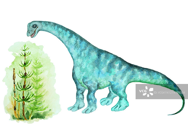 巨型食草恐龙蜥脚类和马尾类，手绘水彩画。图片素材