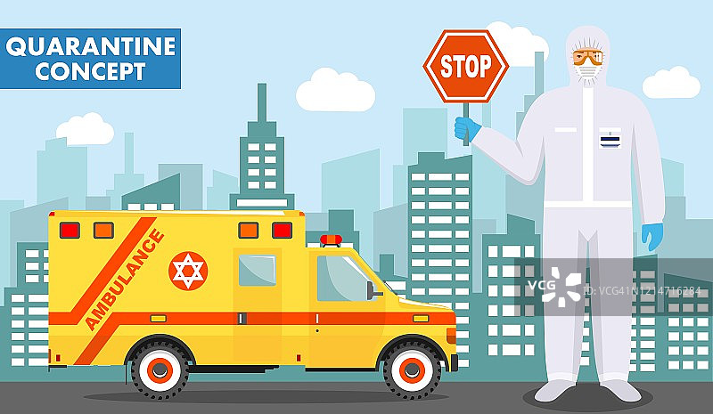检疫和医学概念。详细说明犹太医生在防护服和面具的背景与紧急救护车和城市景观。病毒感染,疫情。向量。图片素材